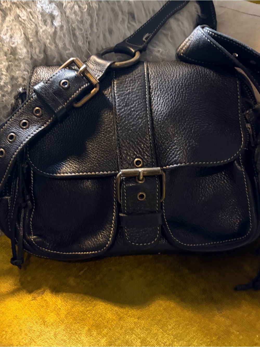 Roots Black Leather Buckle Shoulder Bag